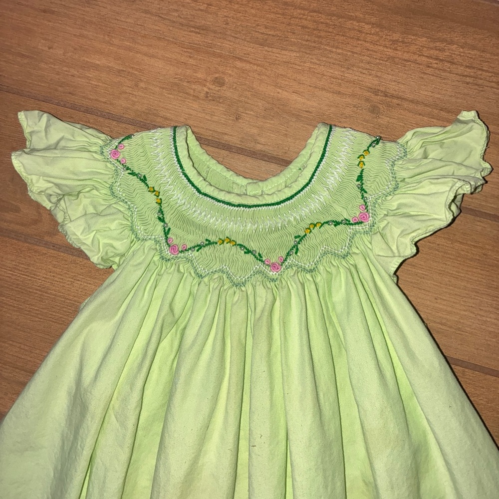 Toddler girls long smocked dress. Lime green with cap ruffle sleeves.